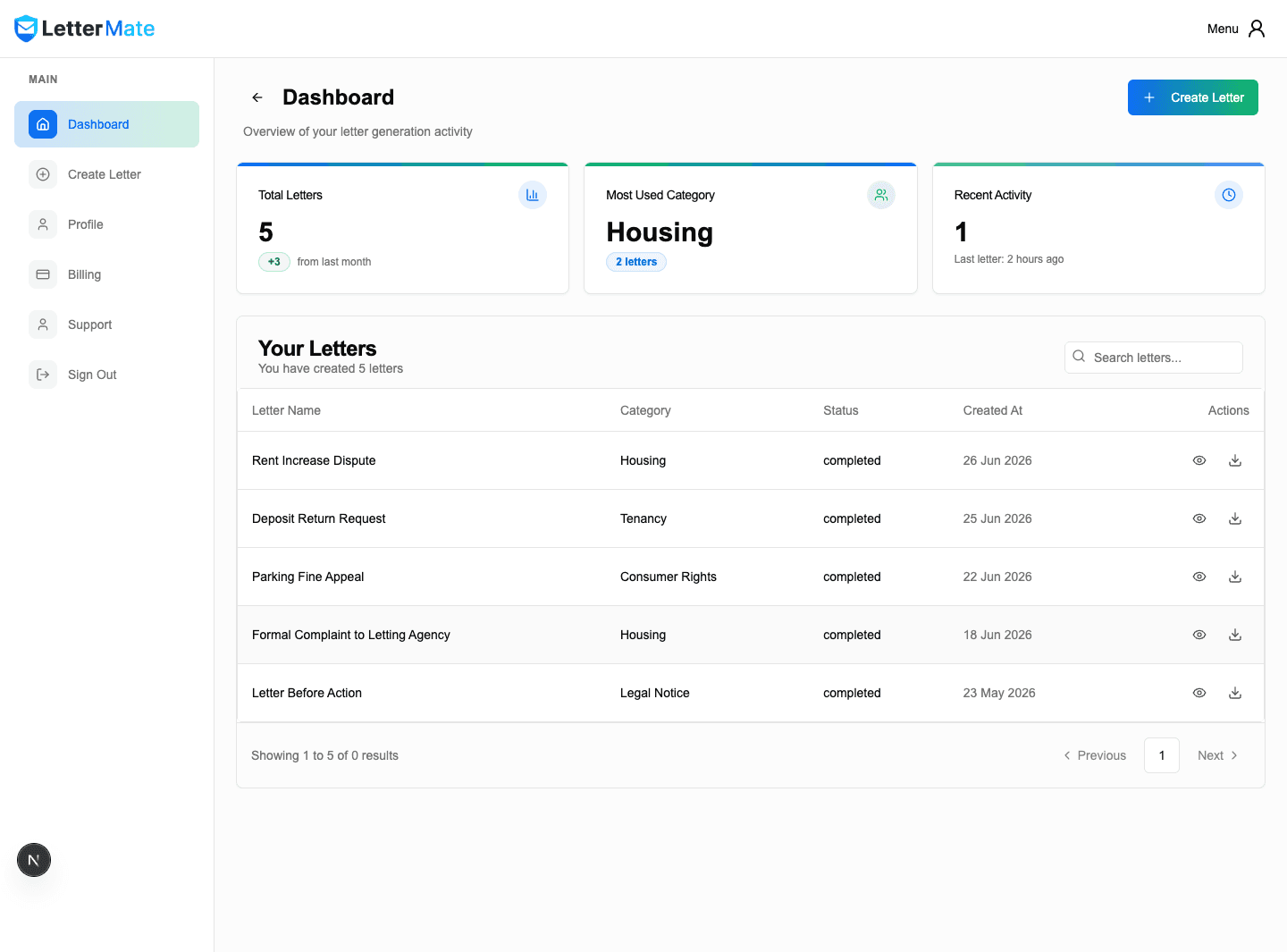 Lettermate product interface