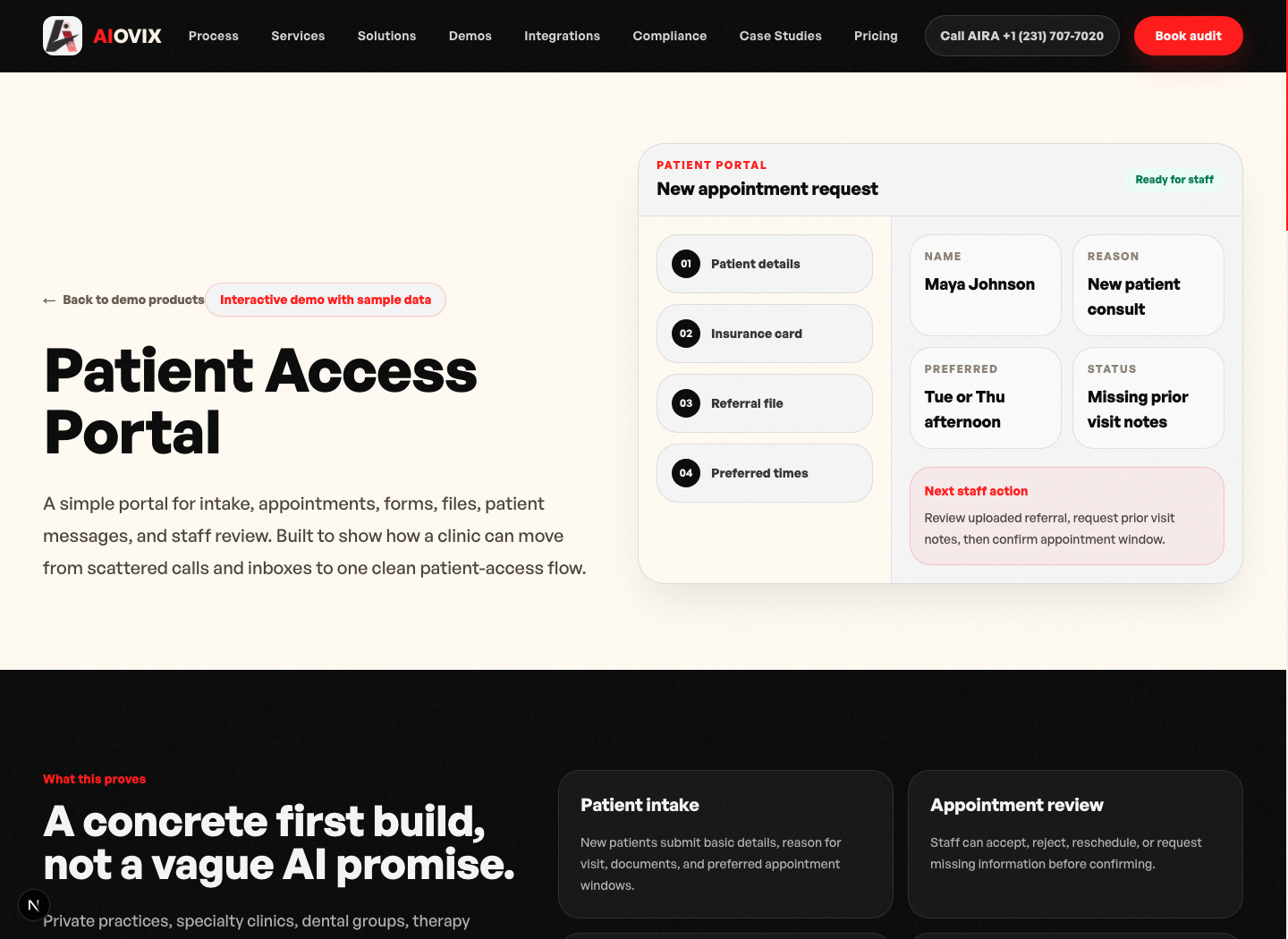 AIOVIX patient access portal demo screenshot